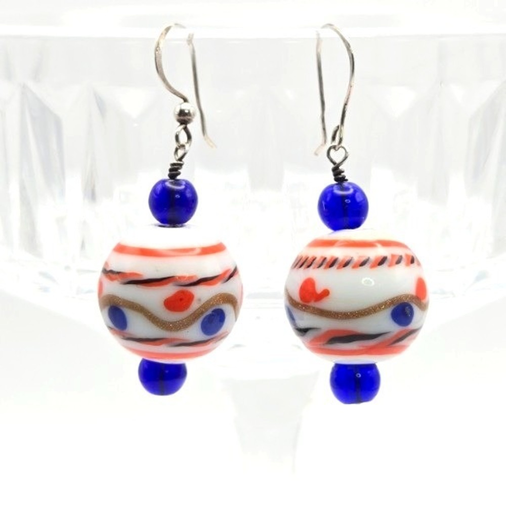 Handmade Unique Painted Glass Gold Orange and Cobalt Blue Beaded Dangle Earrings